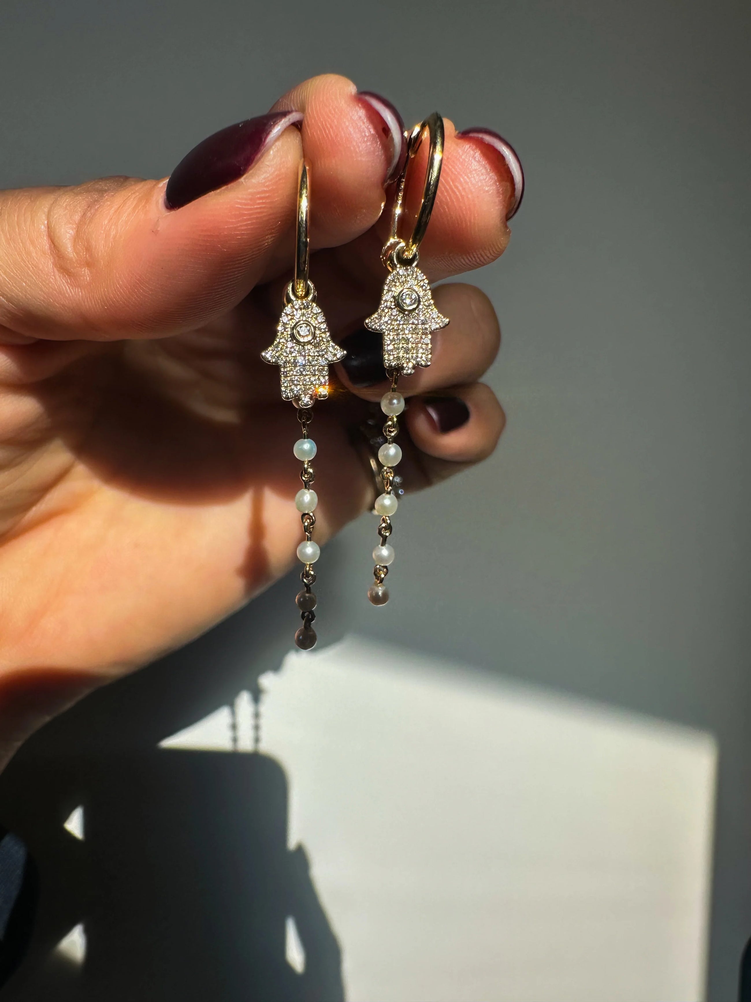 Diamond Hamsa Pearl Chain Hoops