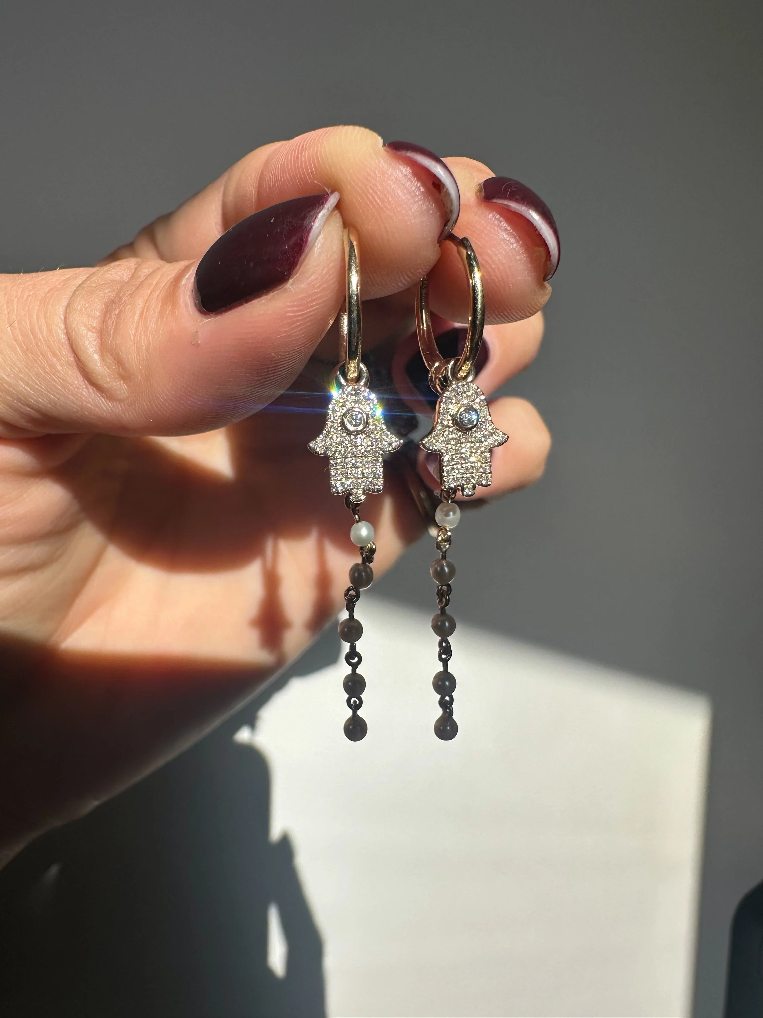 Diamond Hamsa Pearl Chain Hoops