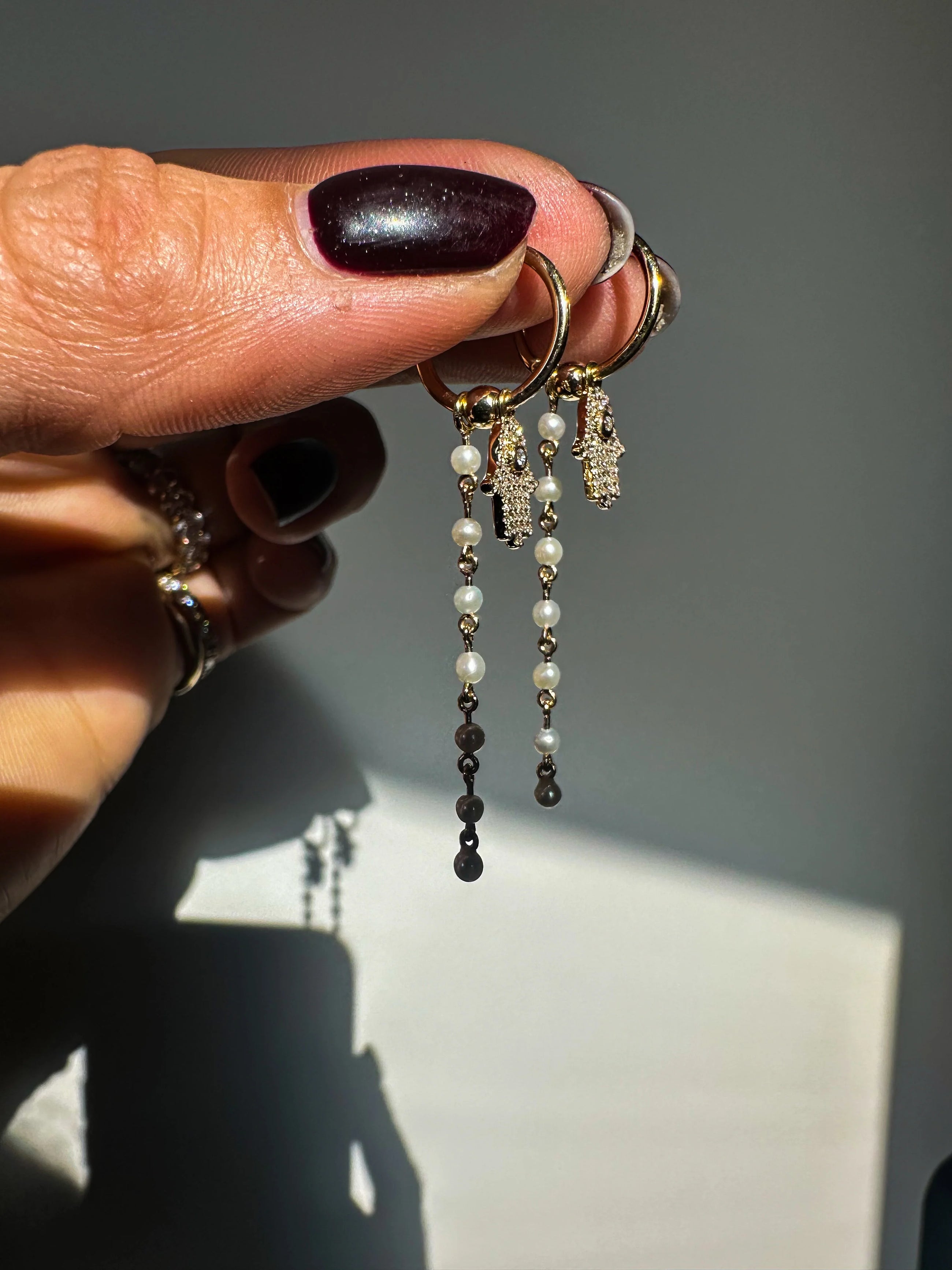 Diamond Hamsa Pearl Chain Hoops