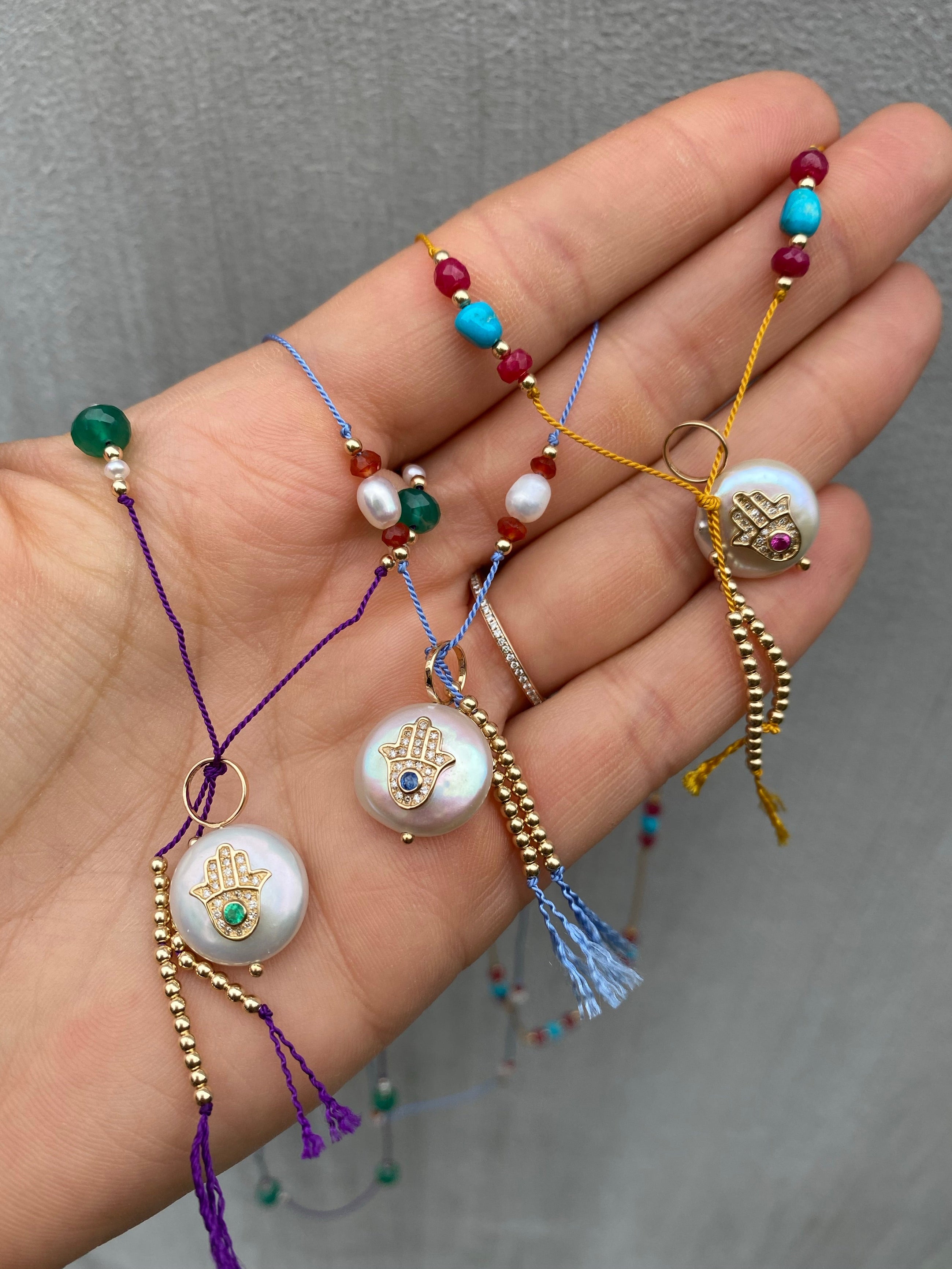 Pink Sapphire Diamond Hamsa Pearl on Silk Necklace