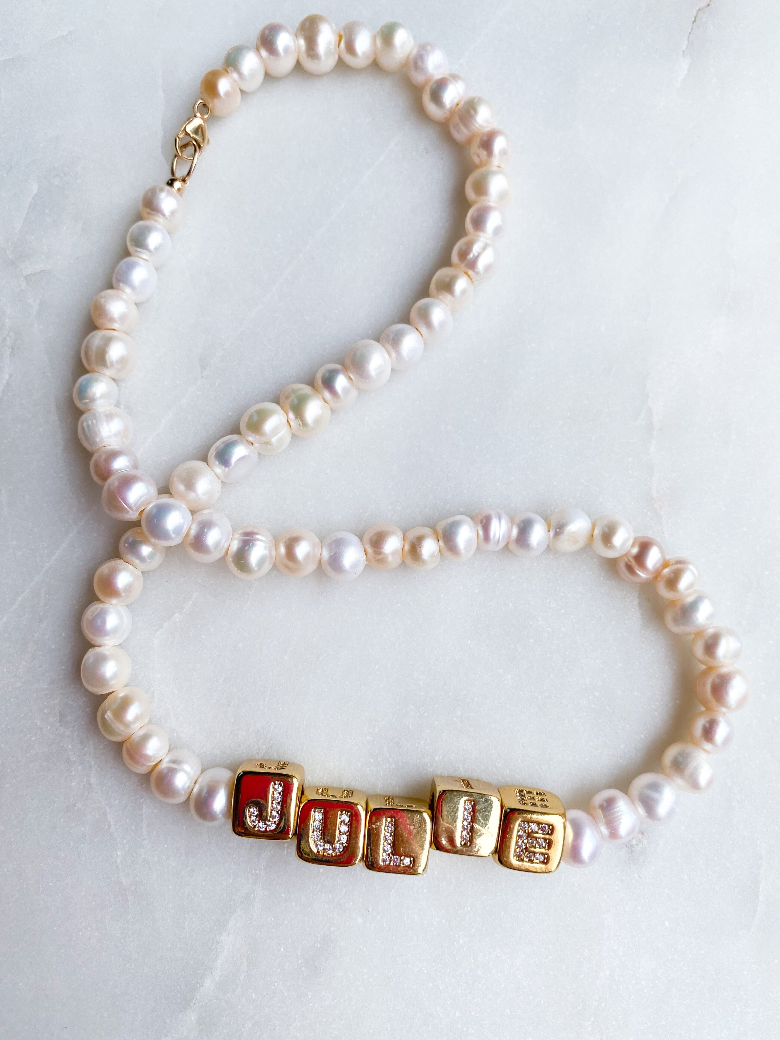 Custom Gold Block Necklace ~ Pearl