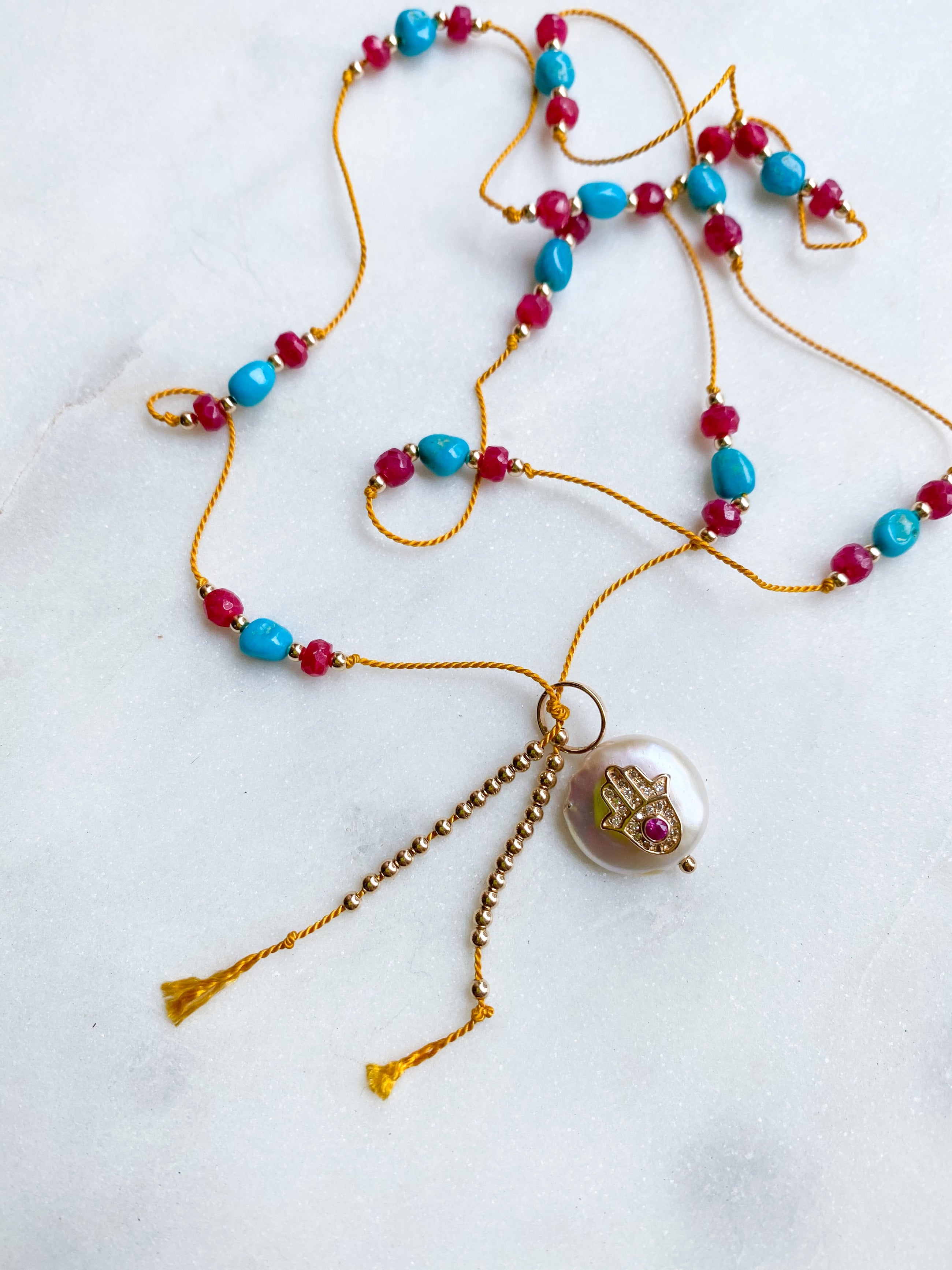 Pink Sapphire Diamond Hamsa Pearl on Silk Necklace