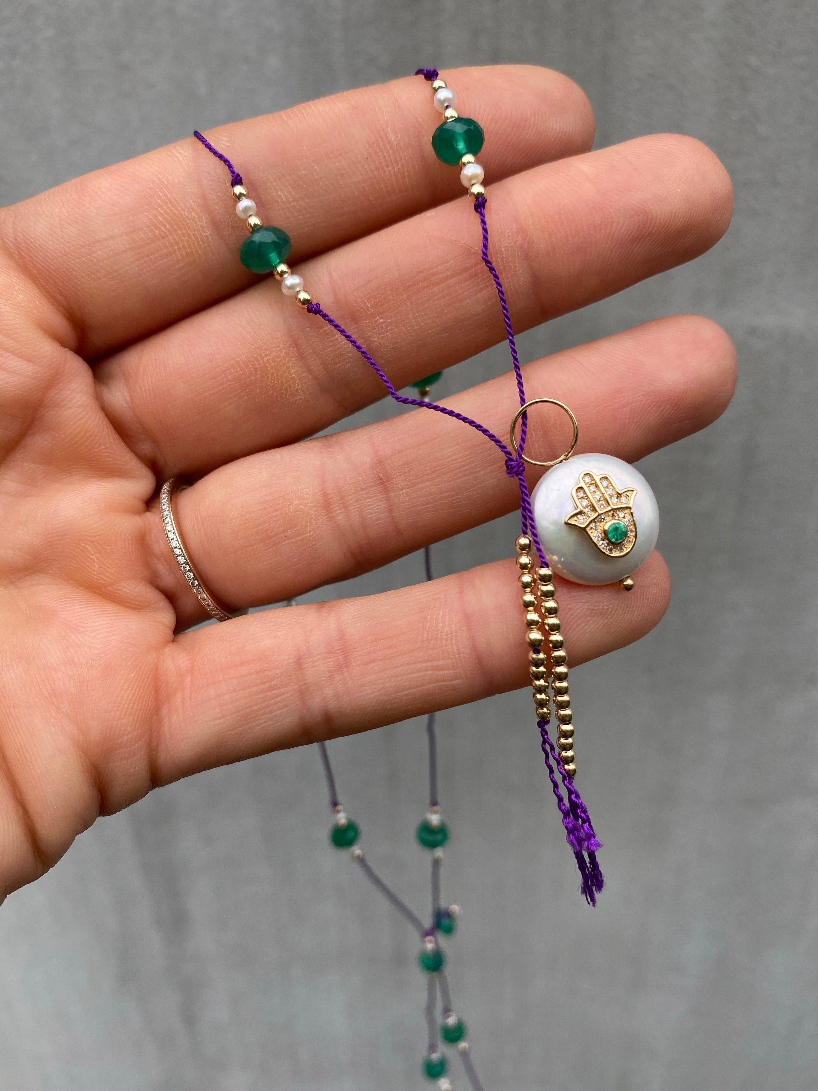 Pink Sapphire Diamond Hamsa Pearl on Silk Necklace