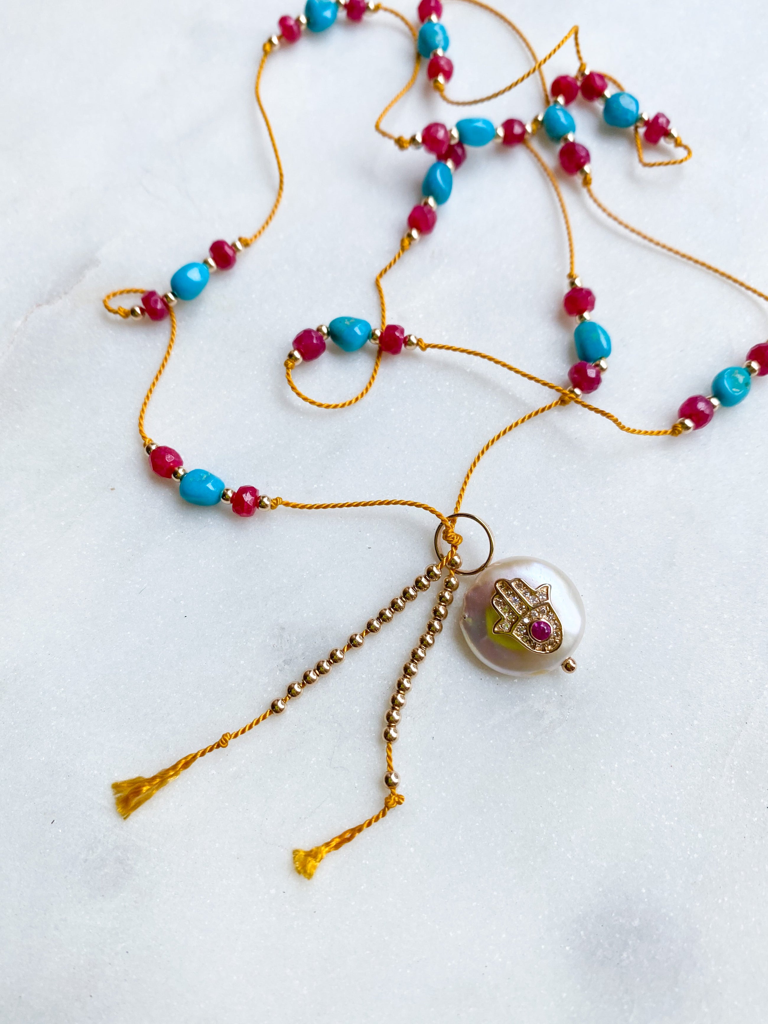 Pink Sapphire Diamond Hamsa Pearl on Silk Necklace