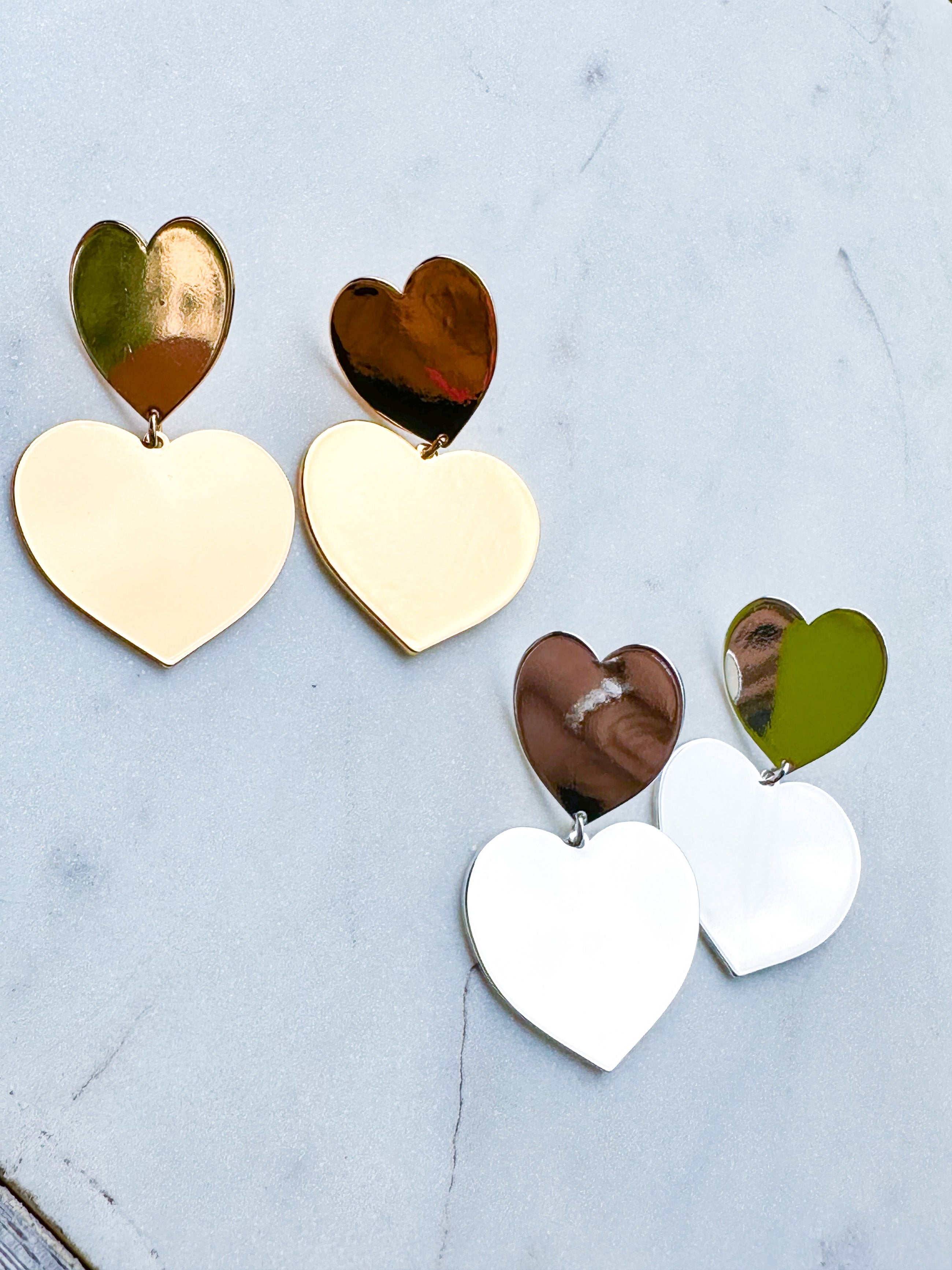 Double Heart Earrings ~ Silver