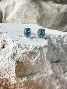 Blue Diamond Halo Stud Earrings