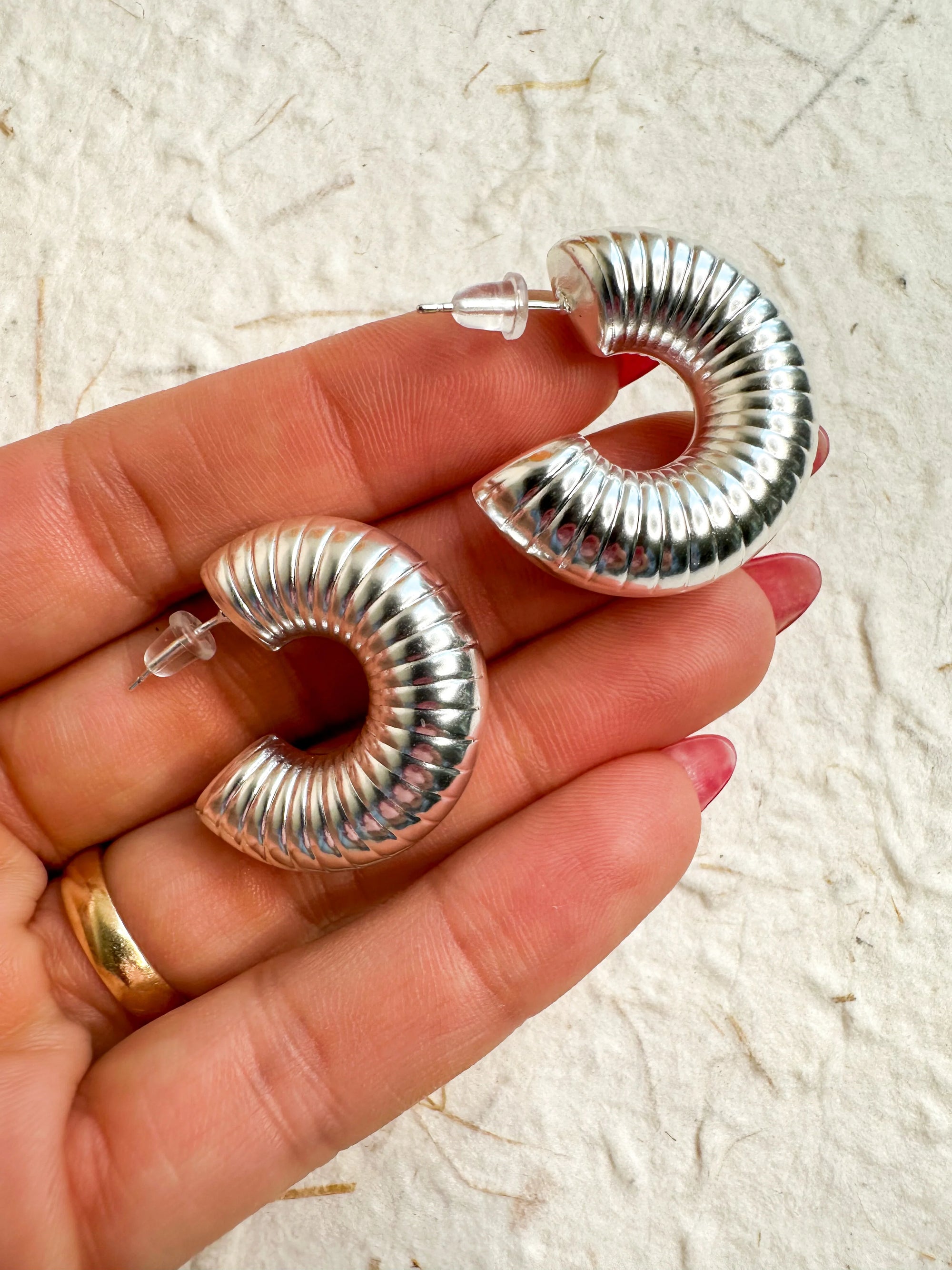 Ribbed Silver Chubby Hoops