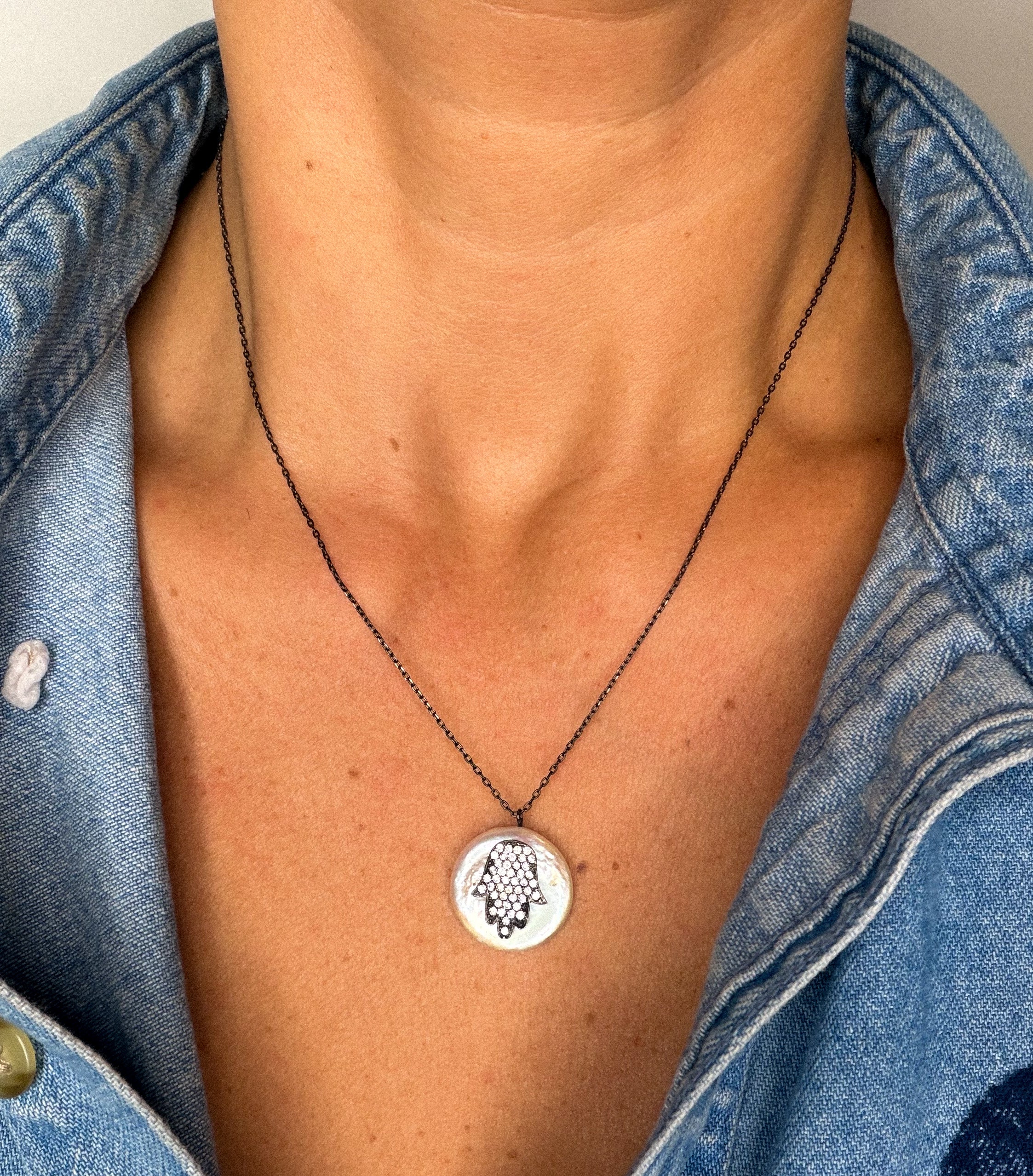Crystal Hamsa Pearl Necklace