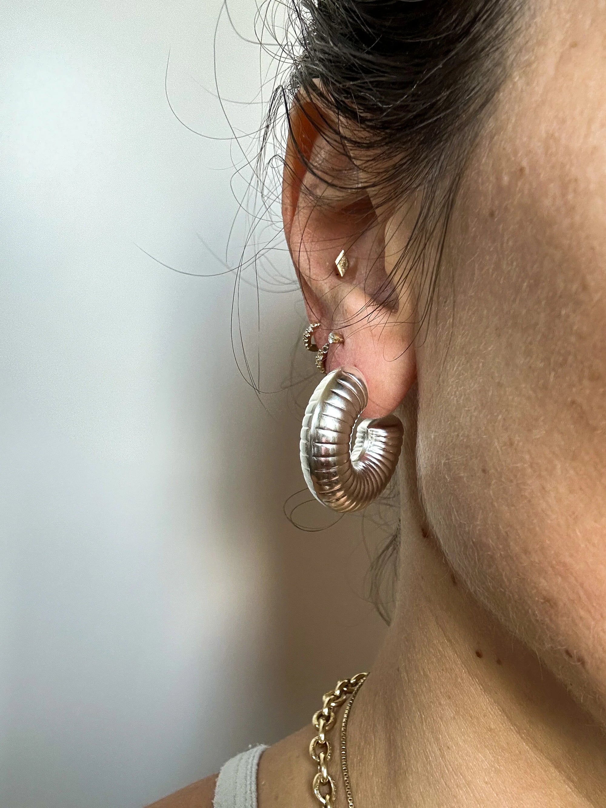 Ribbed Silver Chubby Hoops