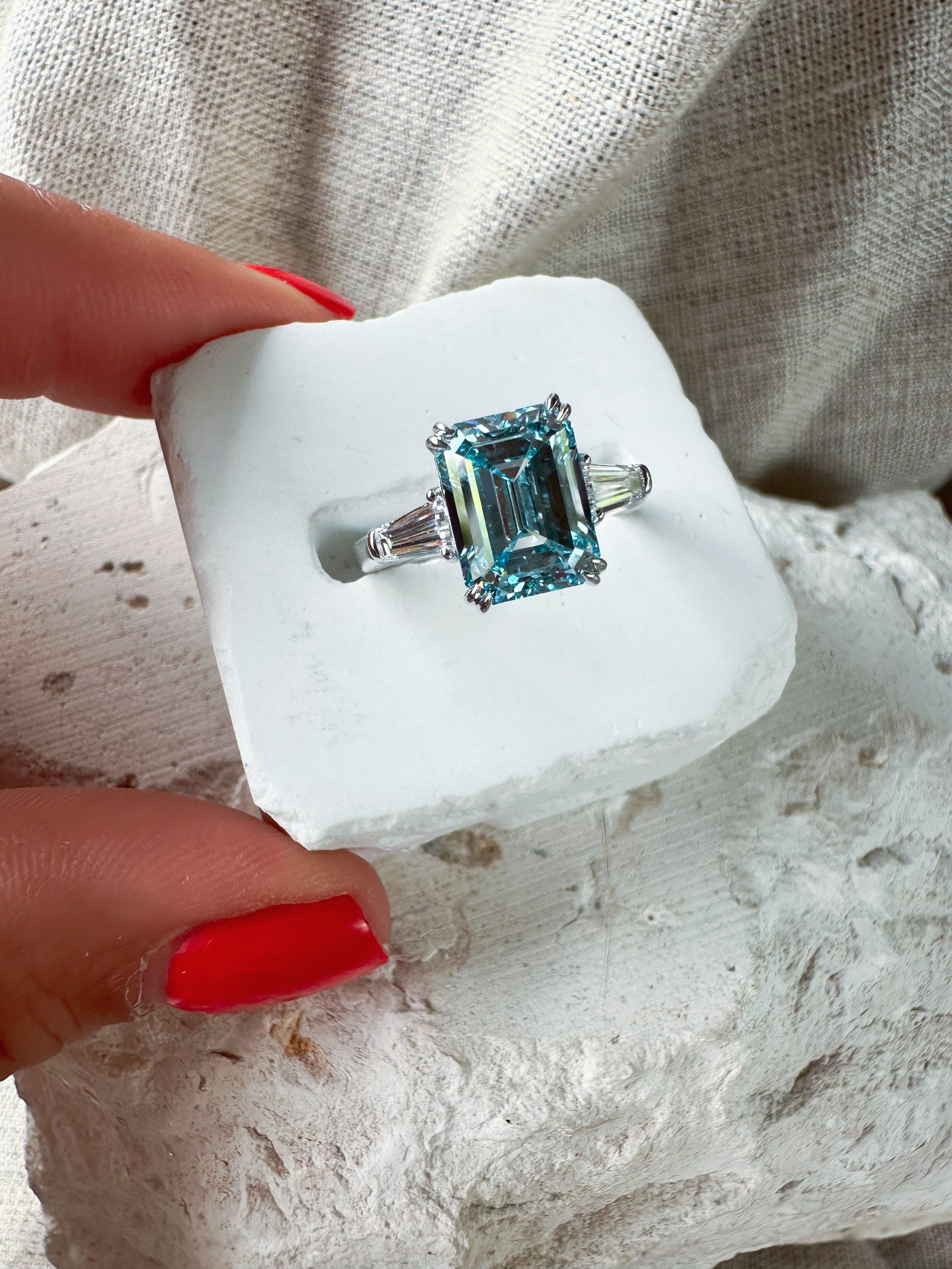 Blue Emerald Cut Diamond Ring