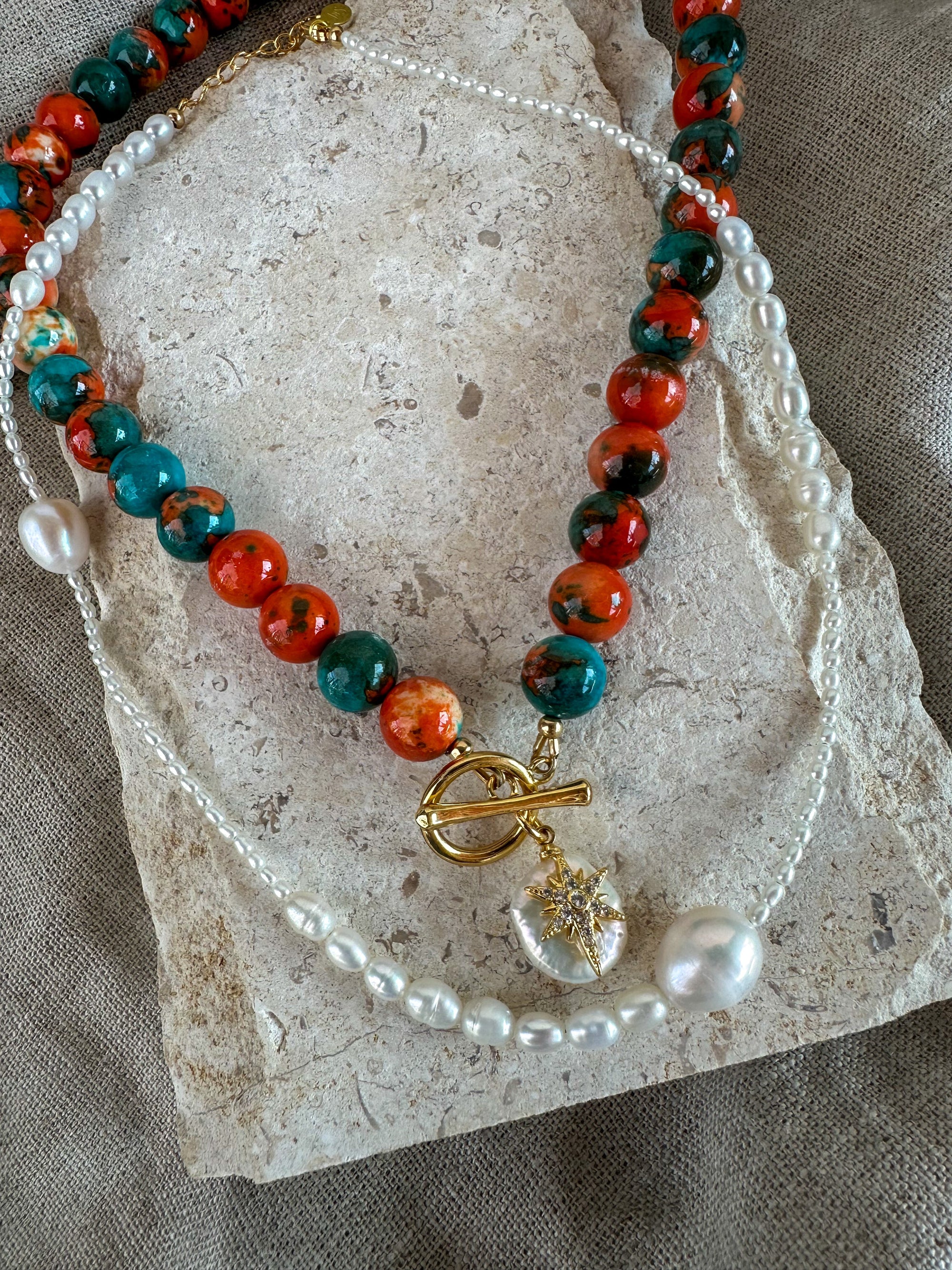 Agate Starburst Necklace ~ Coral