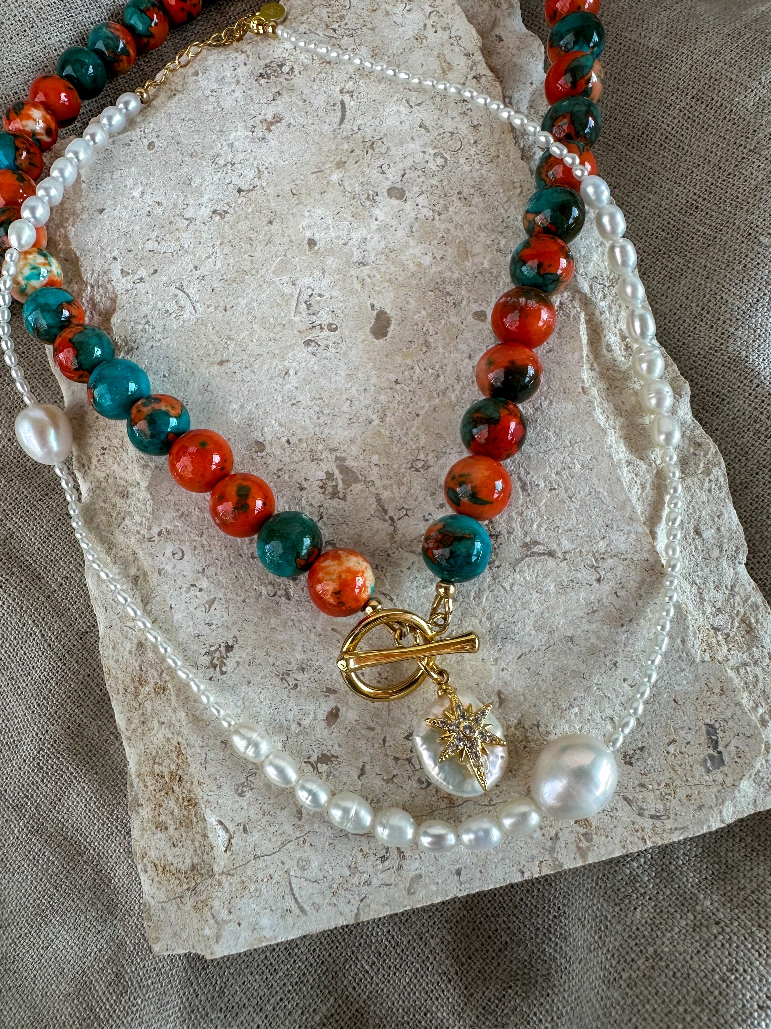 Agate Starburst Necklace ~ Coral