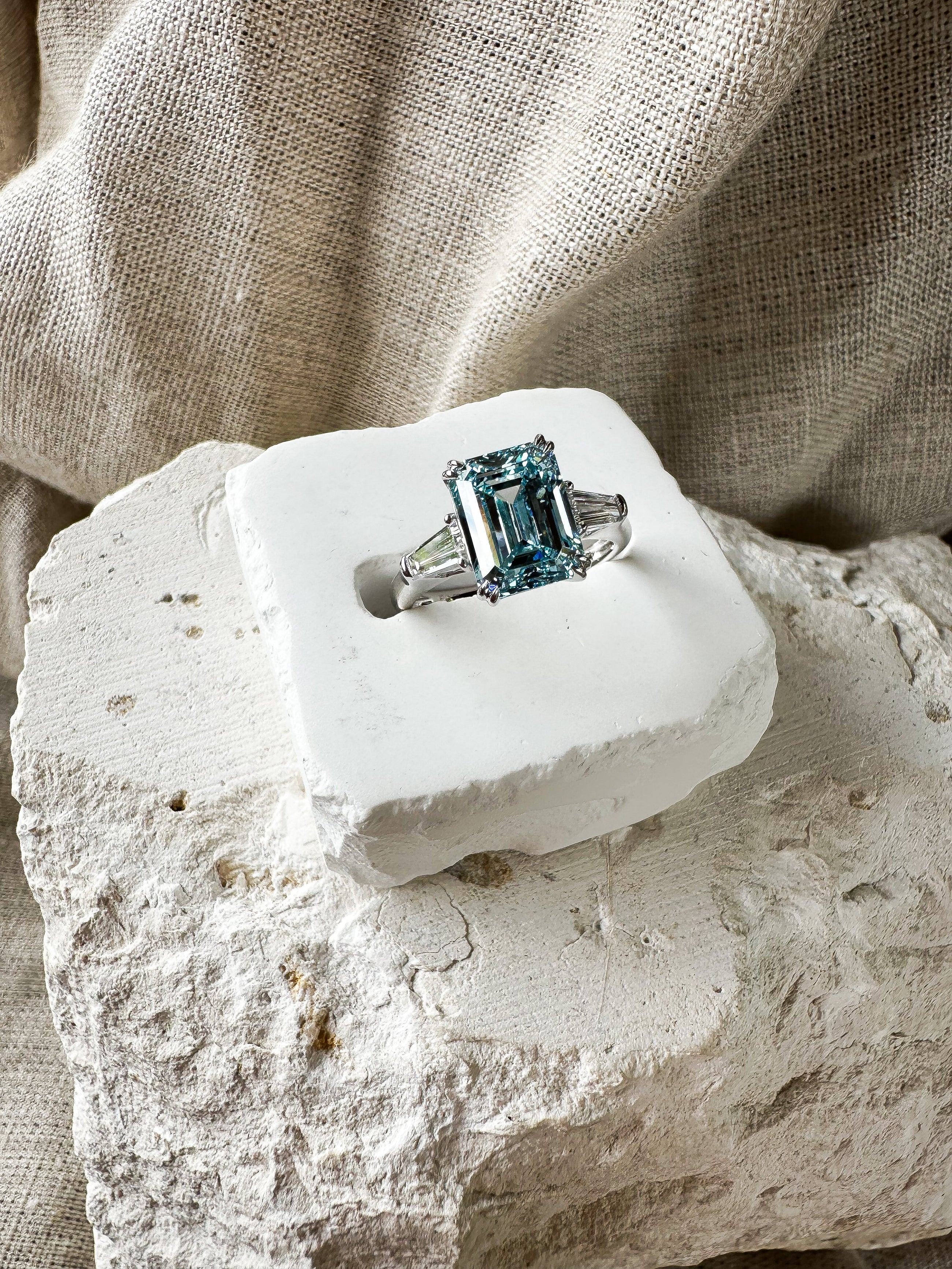 Blue Emerald Cut Diamond Ring