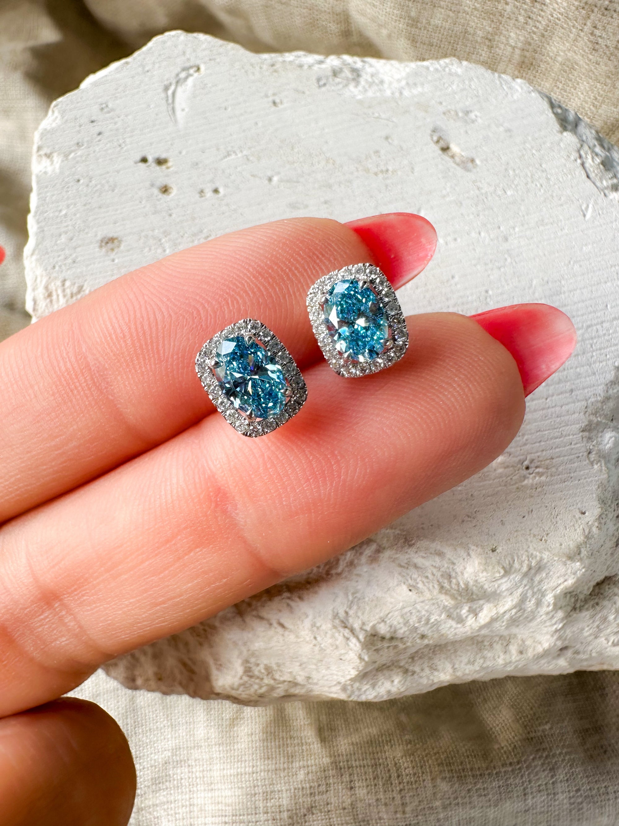 Blue Diamond Halo Stud Earrings