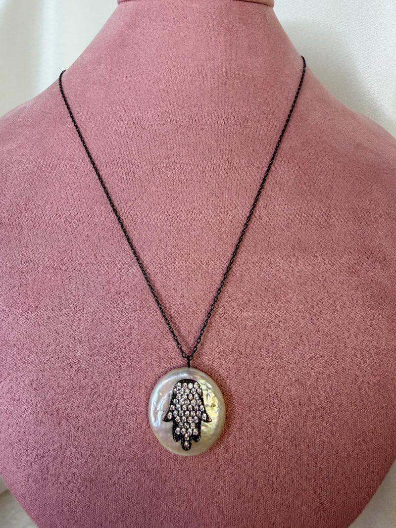 Crystal Hamsa Pearl Necklace