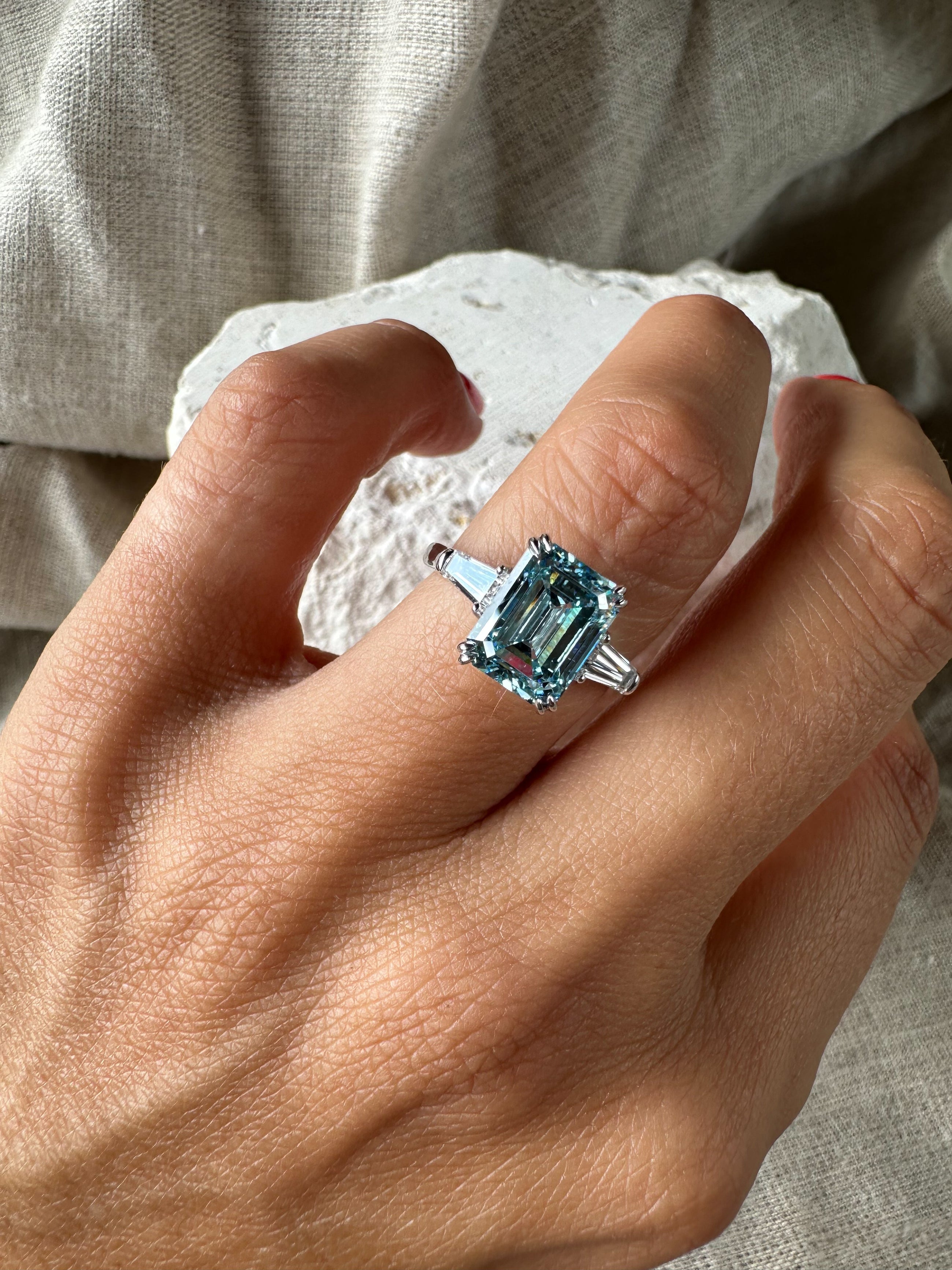 Blue Emerald Cut Diamond Ring