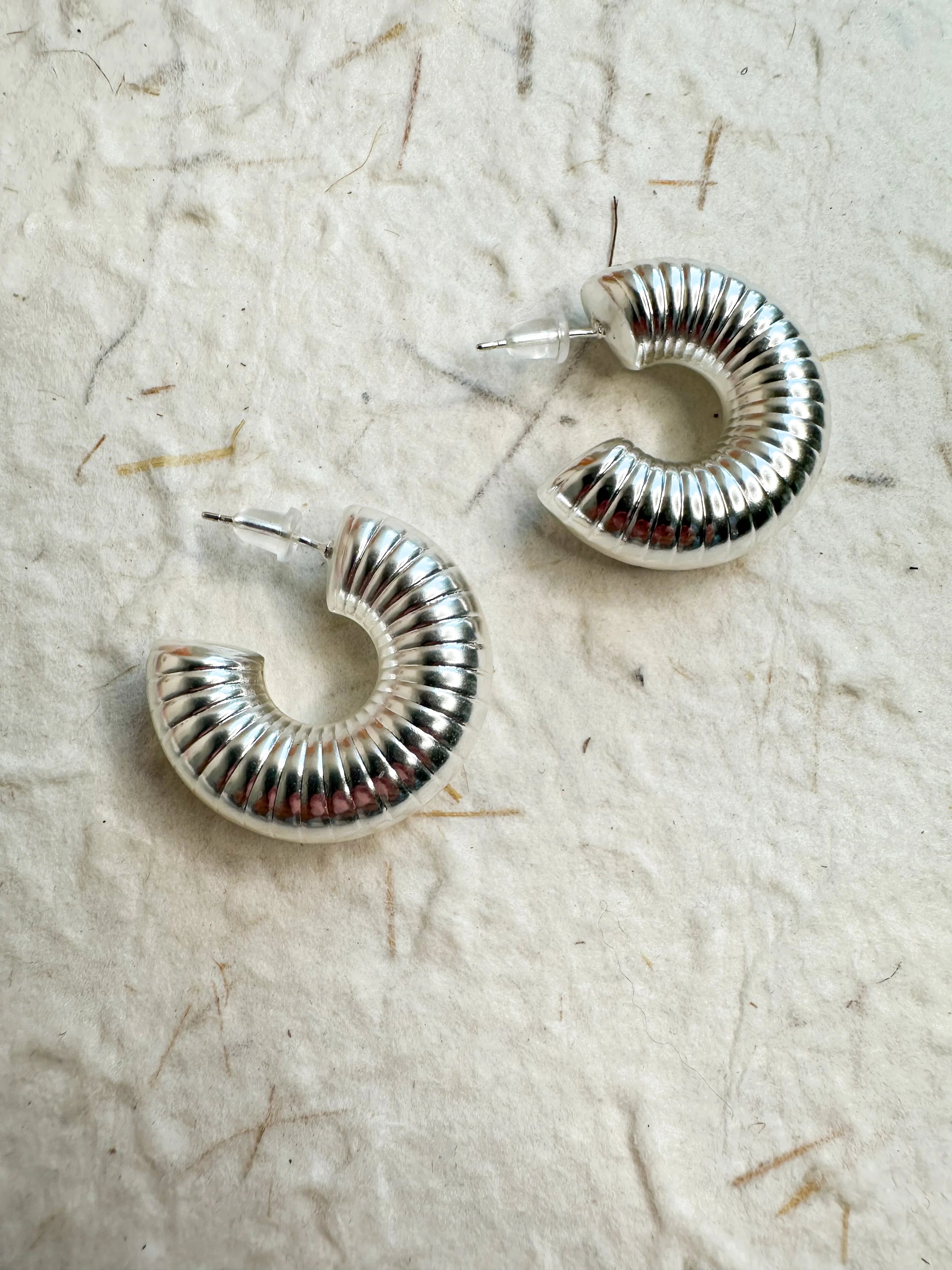 Ribbed Silver Chubby Hoops