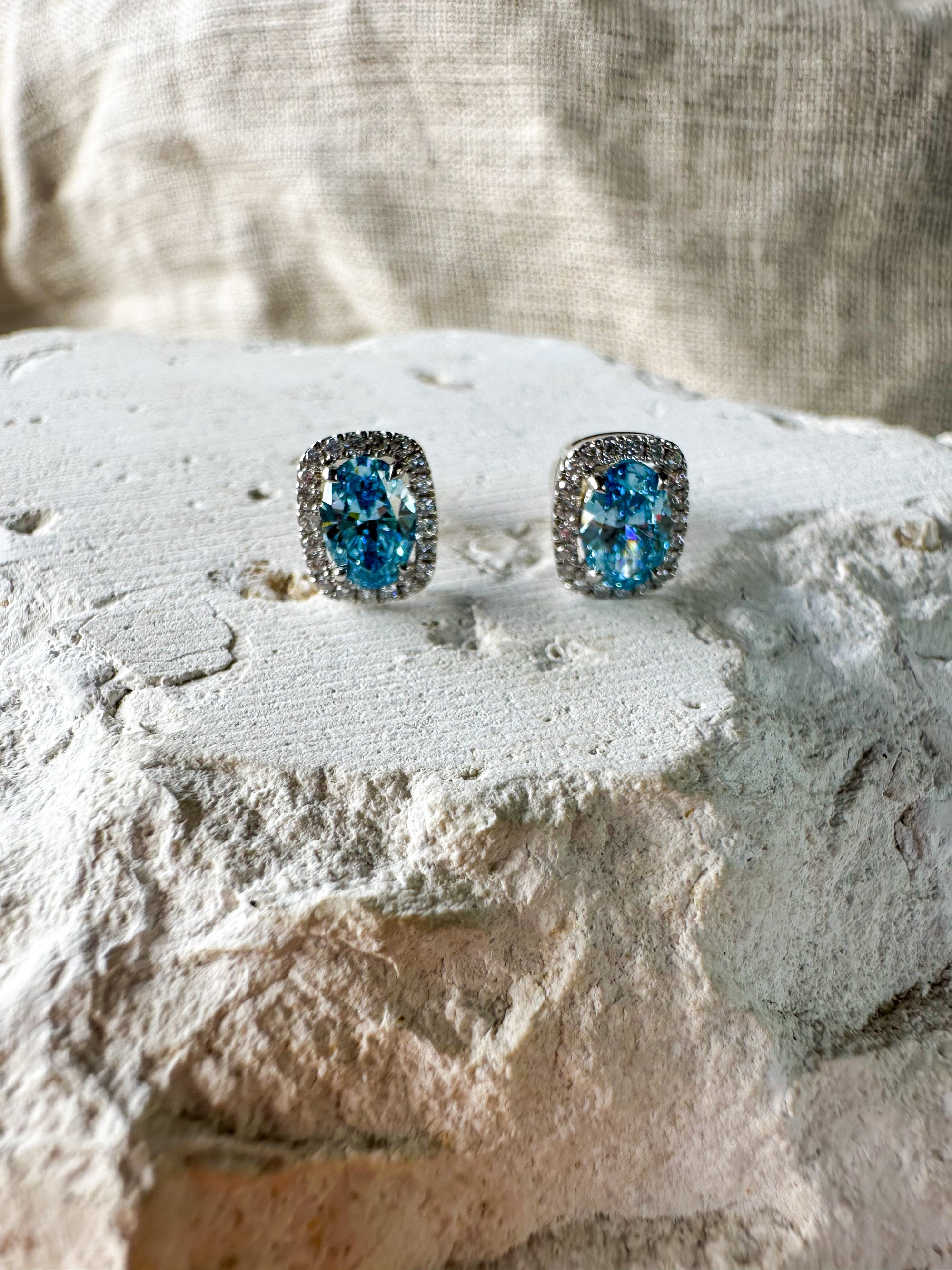Blue Diamond Halo Stud Earrings