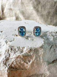 Blue Diamond Halo Stud Earrings