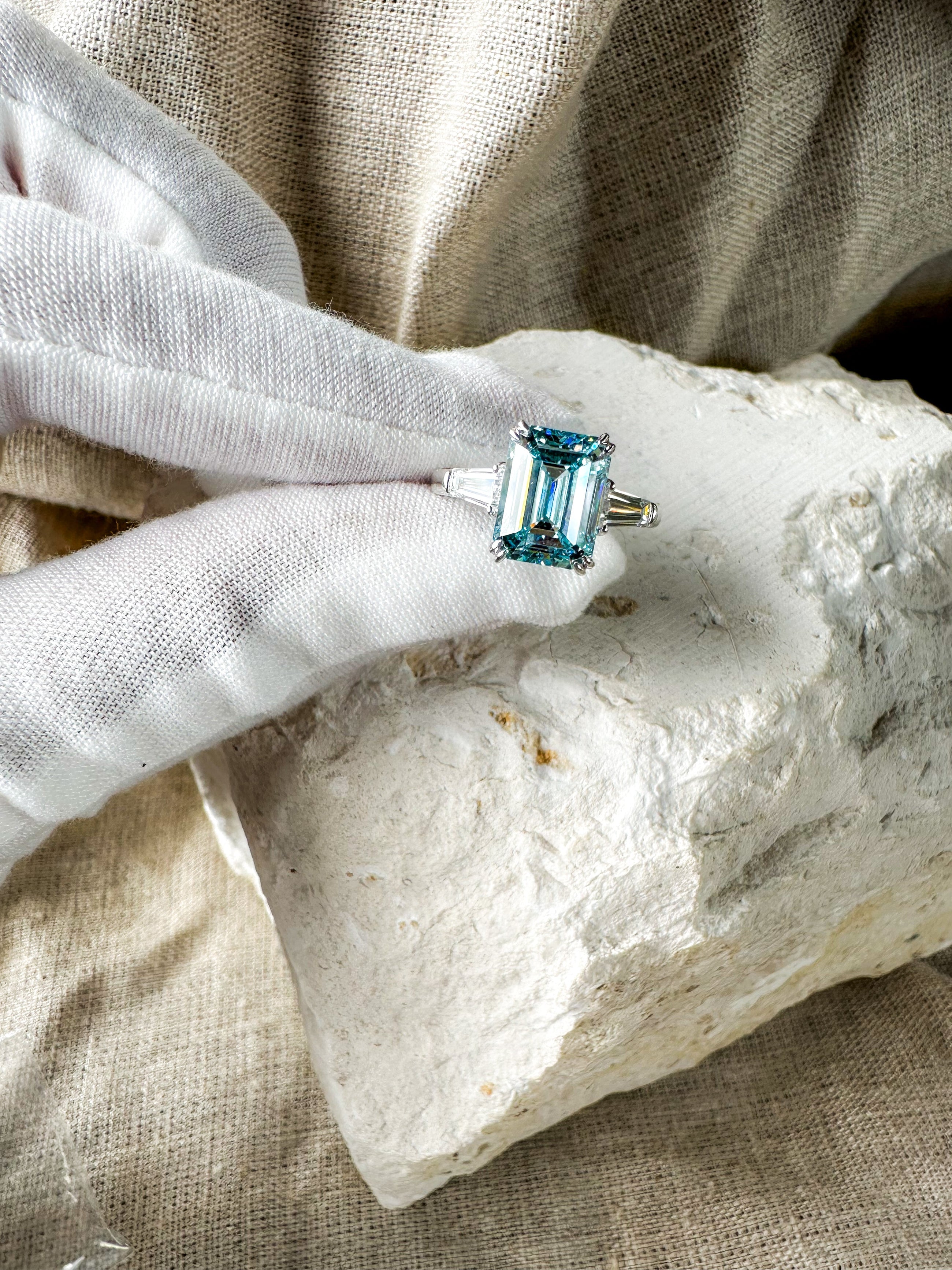 Blue Emerald Cut Diamond Ring