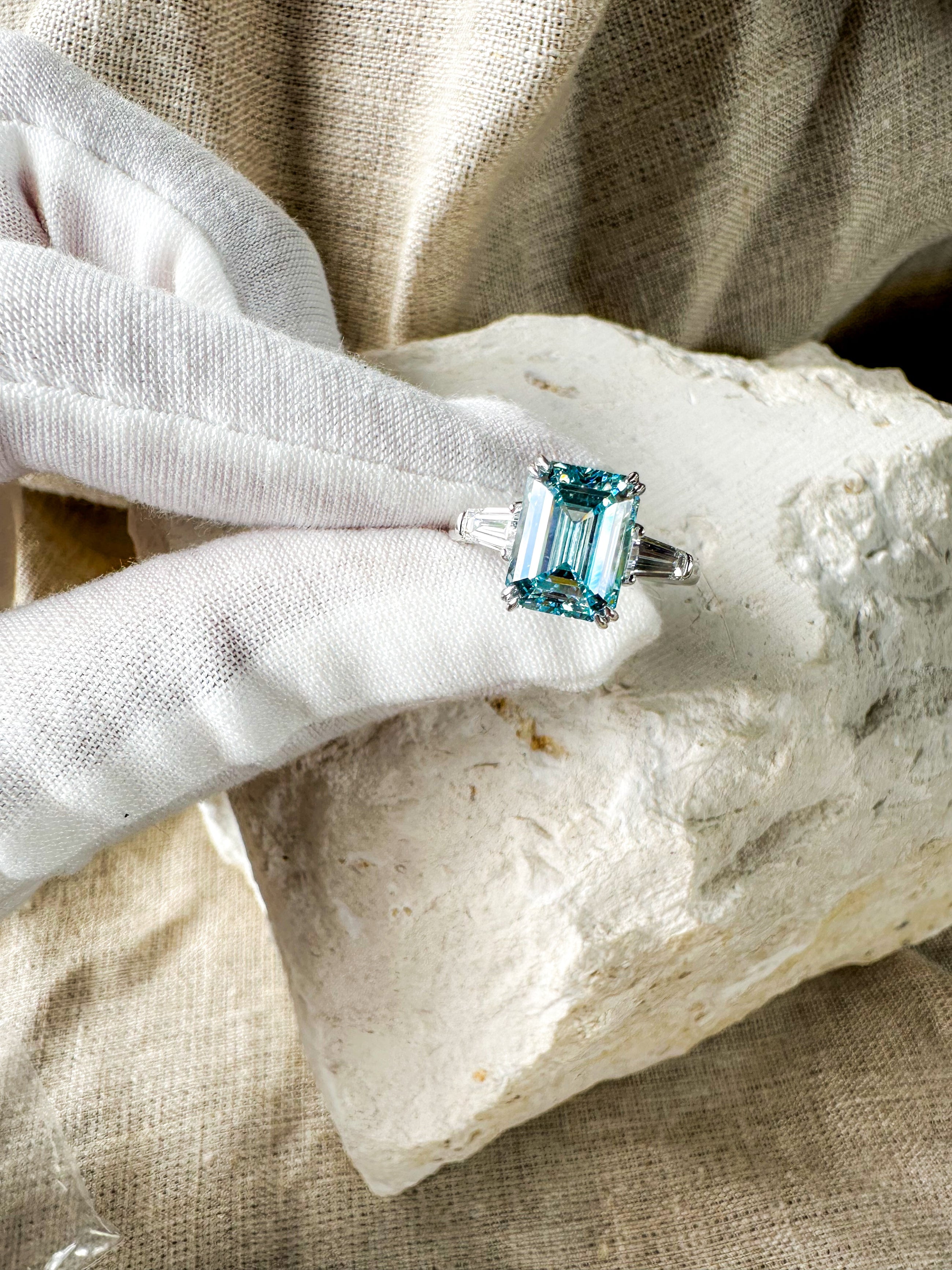 Blue Emerald Cut Diamond Ring