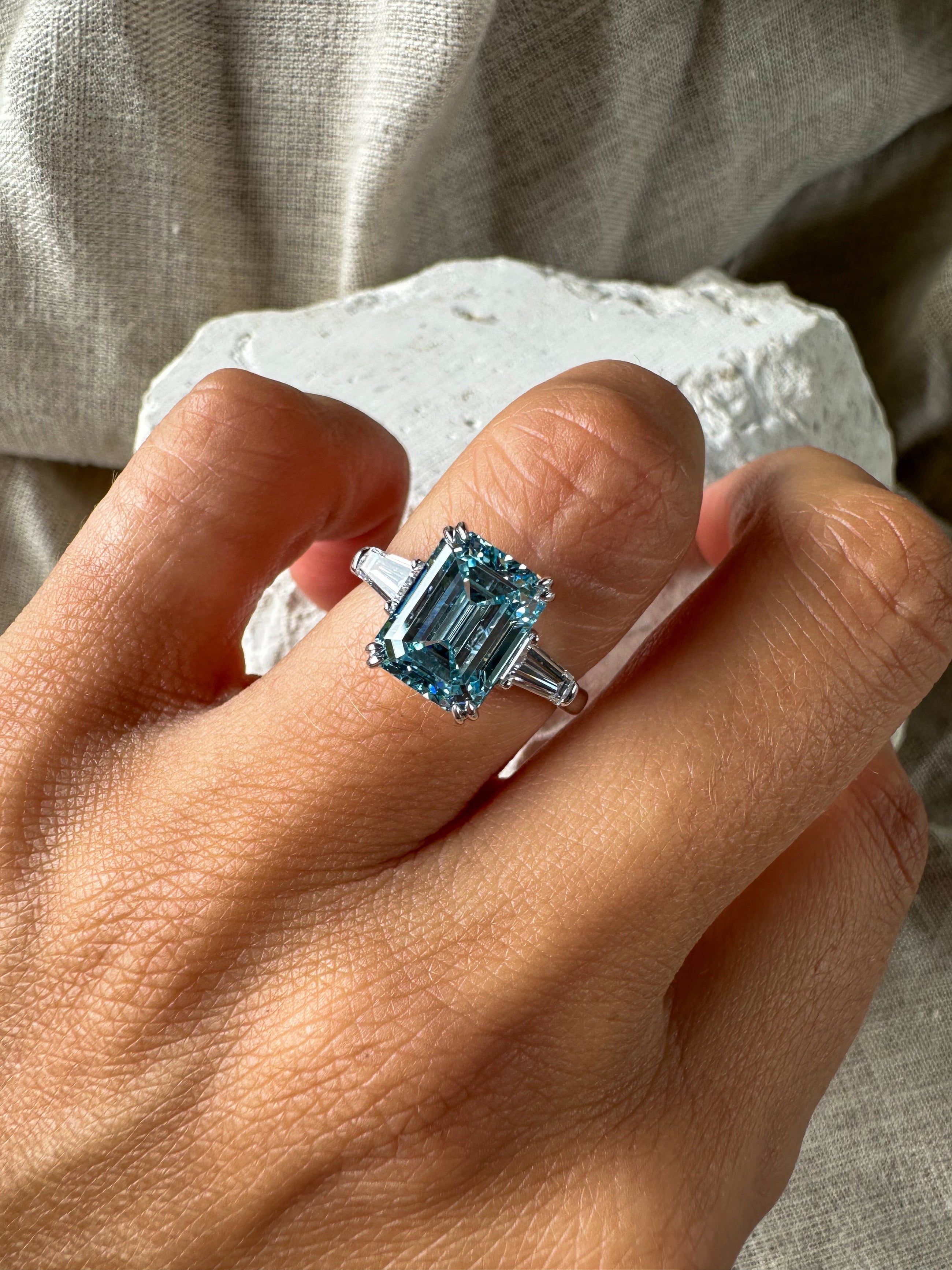 Blue Emerald Cut Diamond Ring