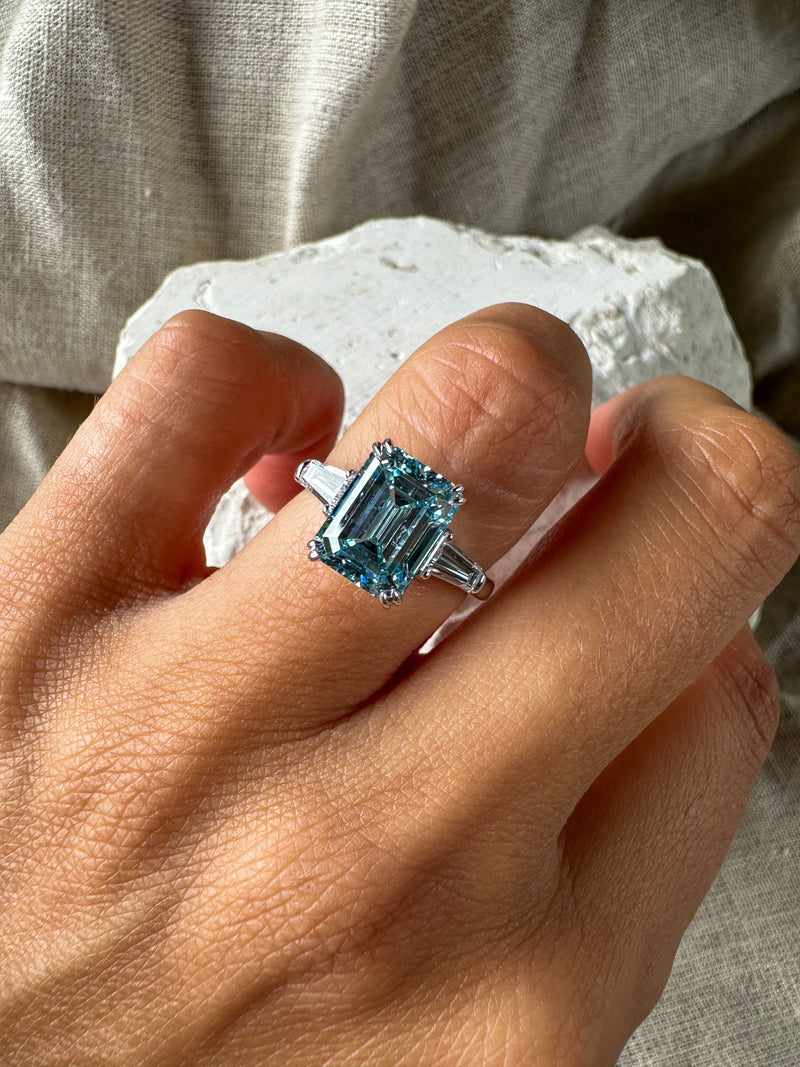 Blue Emerald Cut Diamond Ring
