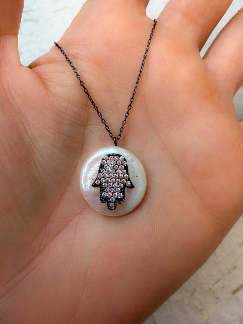 Crystal Hamsa Pearl Necklace