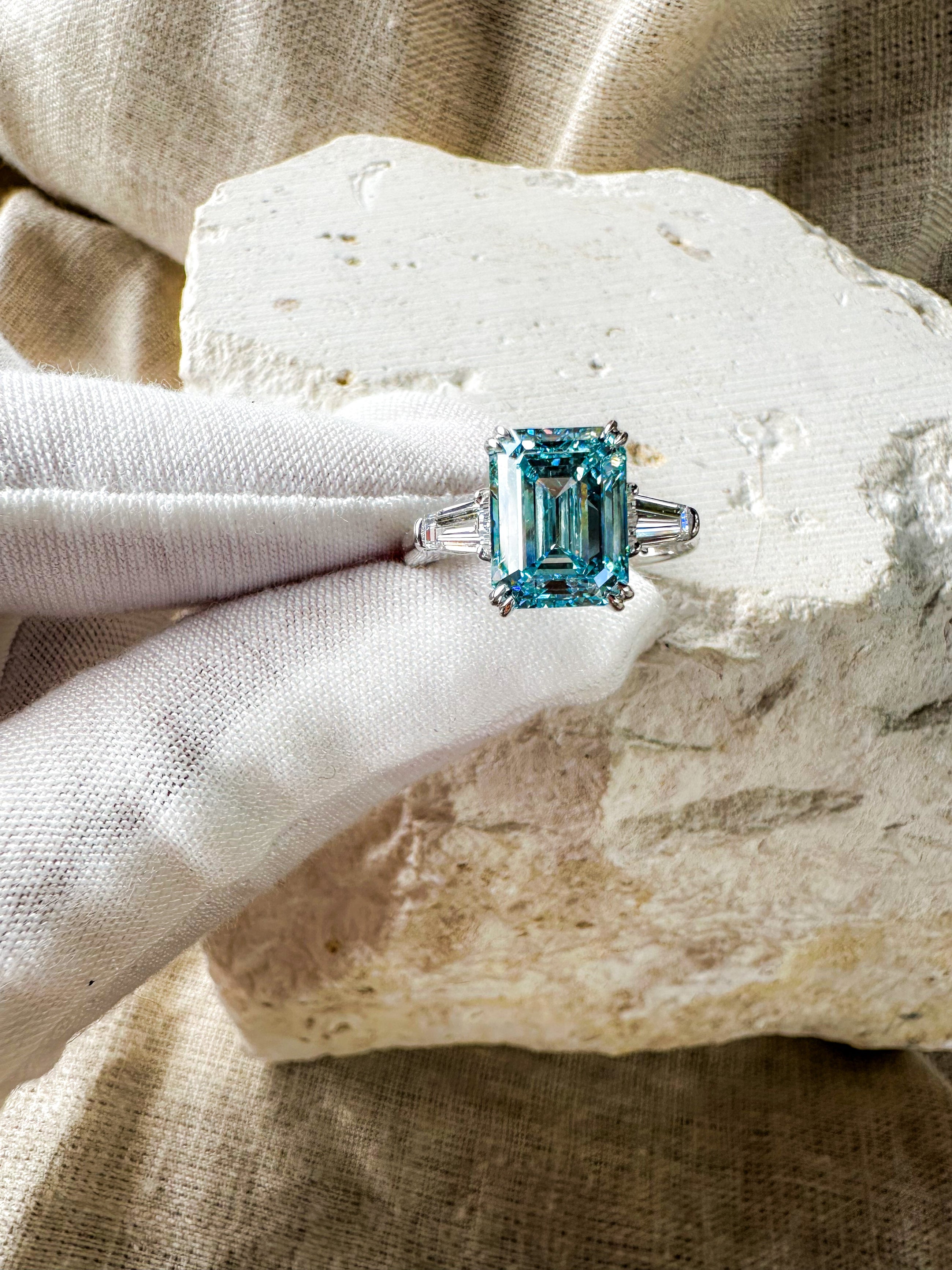 Blue Emerald Cut Diamond Ring