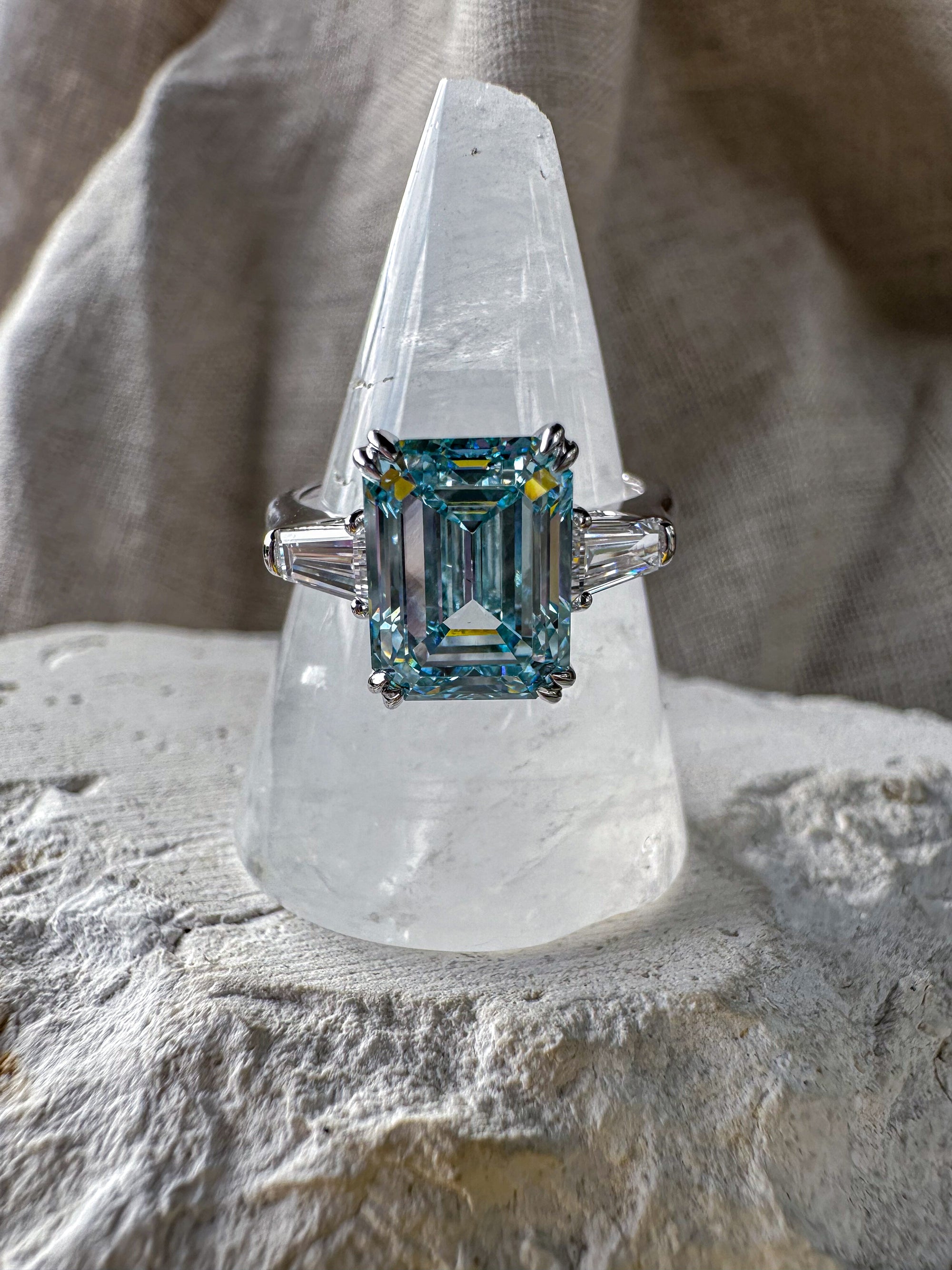 Blue Emerald Cut Diamond Ring