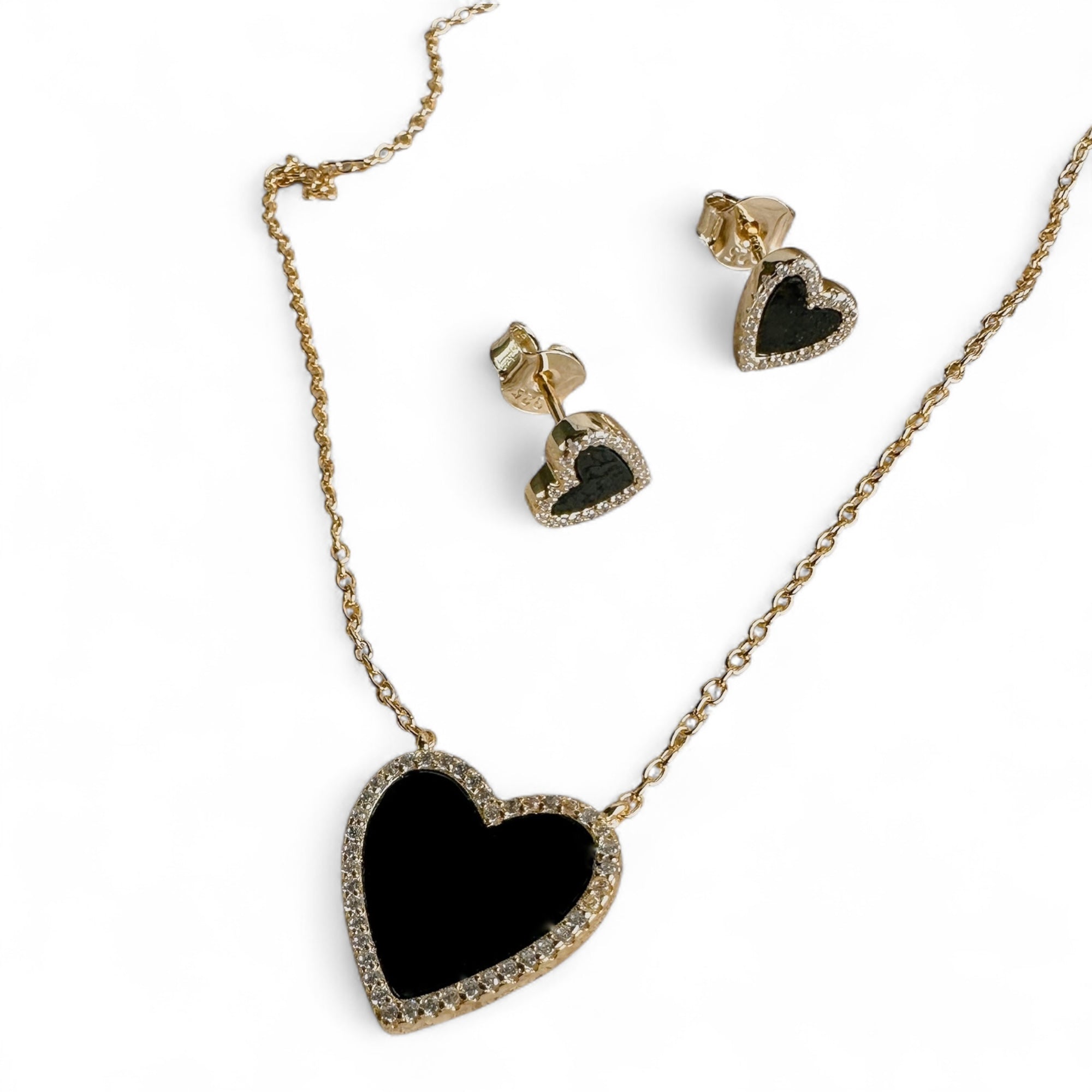 Black Onyx Heart Necklace & Earrings Set