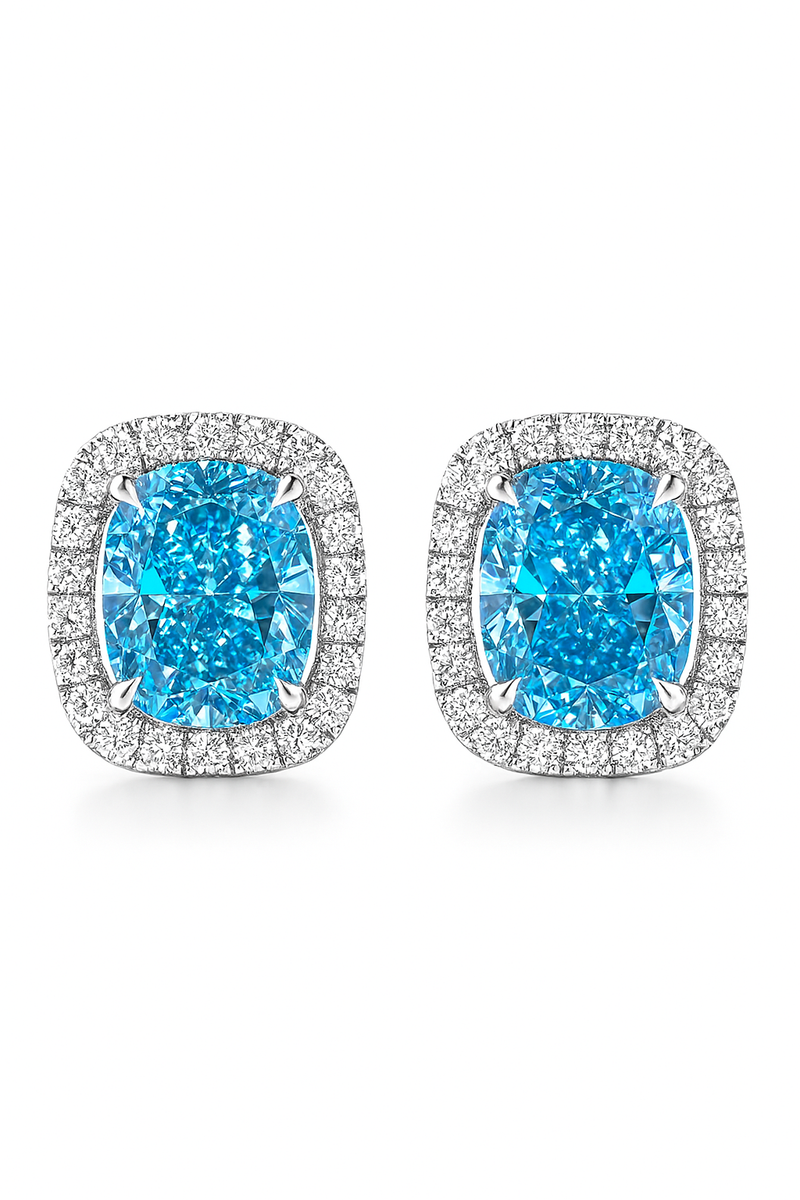Blue Diamond Halo Stud Earrings