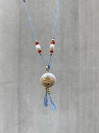Blue Sapphire Diamond Hamsa Pearl on Silk Necklace