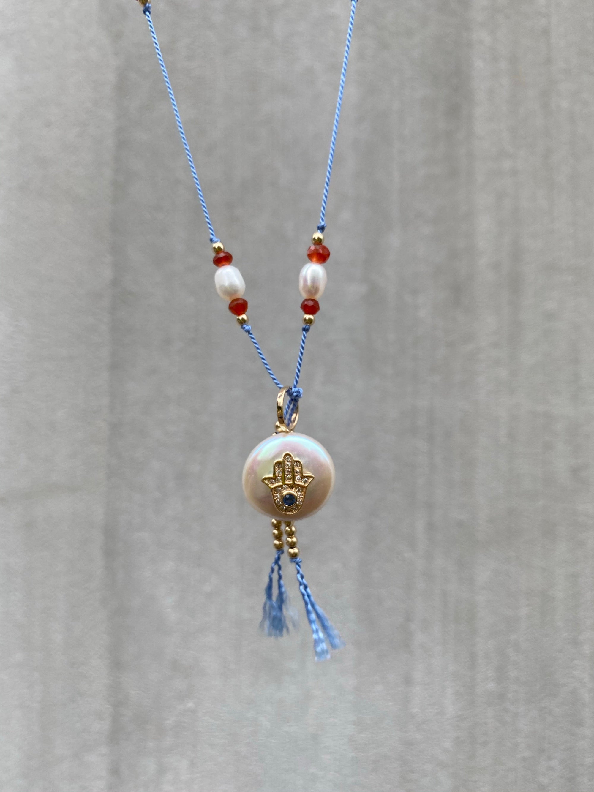 Blue Sapphire Diamond Hamsa Pearl on Silk Necklace