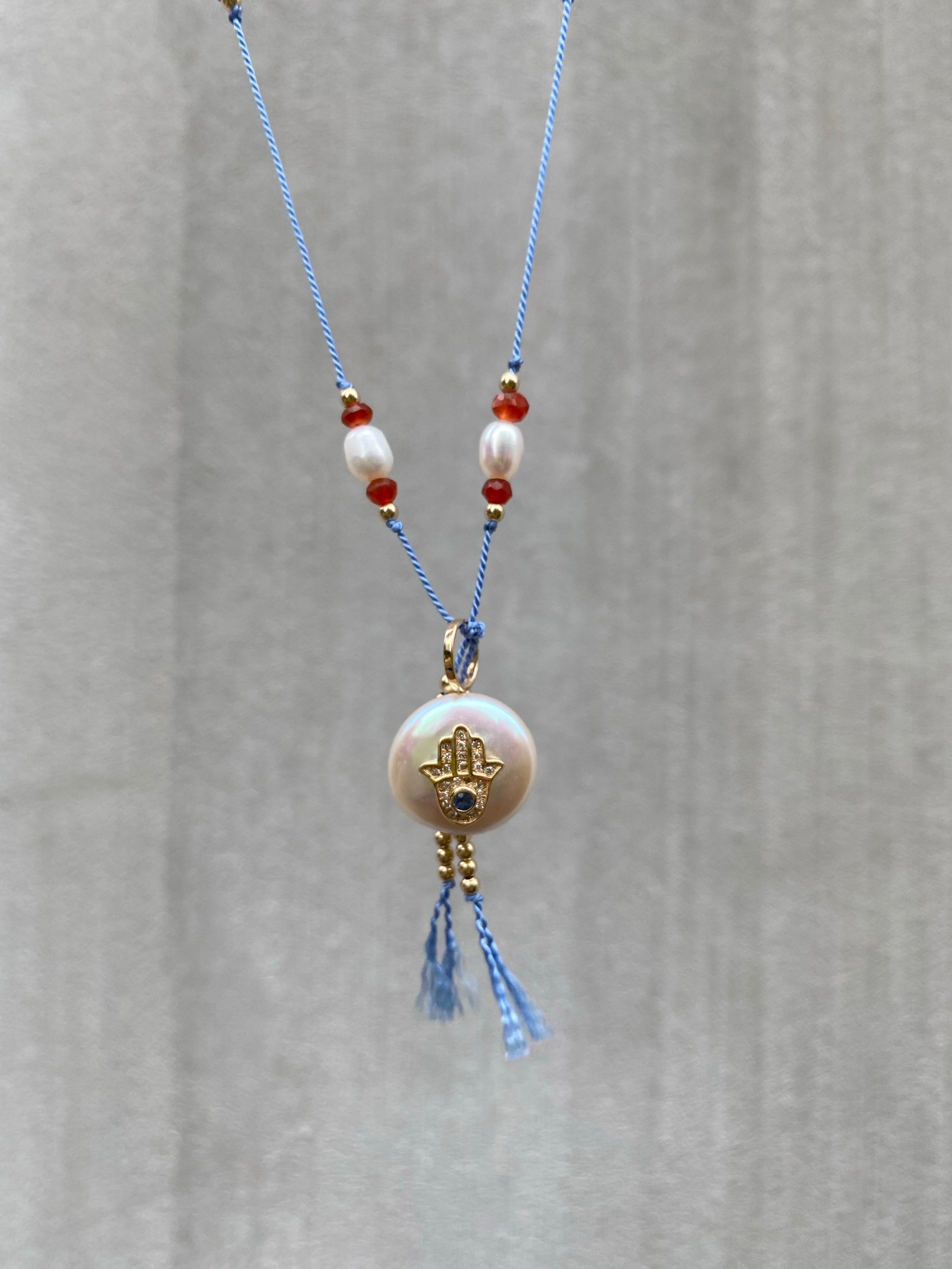 Blue Sapphire Diamond Hamsa Pearl on Silk Necklace