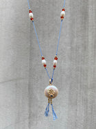 Blue Sapphire Diamond Hamsa Pearl on Silk Necklace