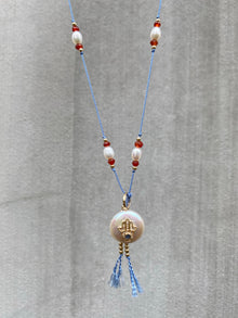 Blue Sapphire Diamond Hamsa Pearl on Silk Necklace