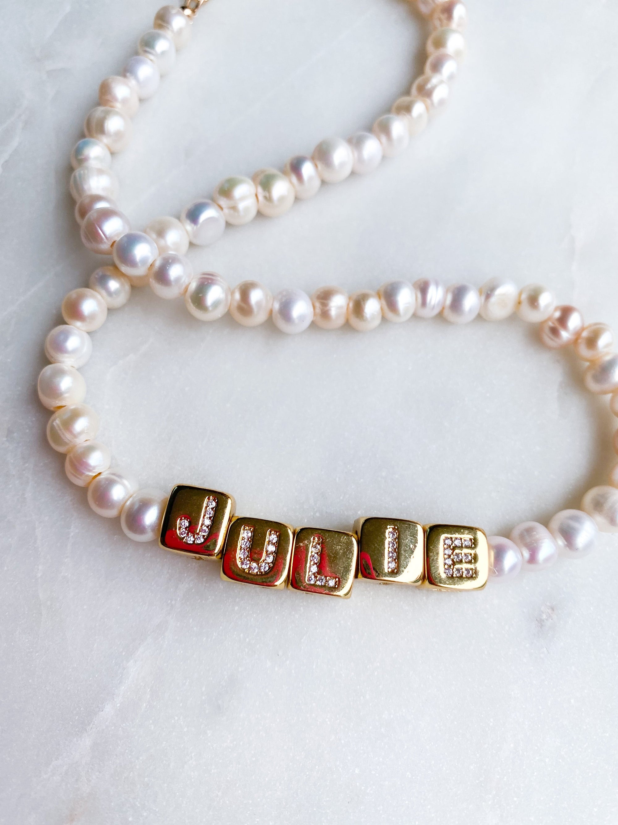 Custom Gold Block Necklace ~ Pearl