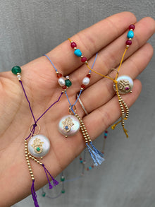 Blue Sapphire Diamond Hamsa Pearl on Silk Necklace