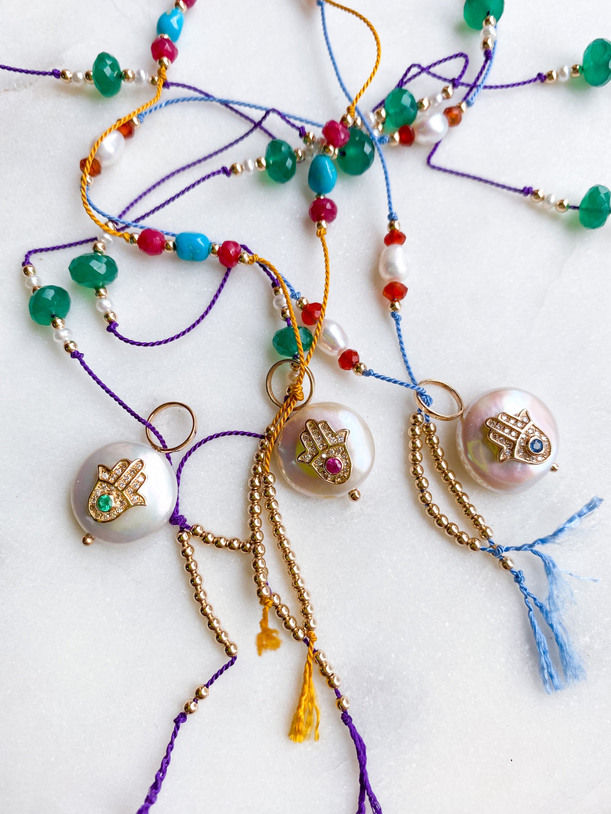 Blue Sapphire Diamond Hamsa Pearl on Silk Necklace
